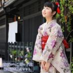 浴衣 セット ジュニア レディース 綿麻浴衣３点セット 「生成り地に紫桔梗と麻の葉」 へこ帯 Sサイズ 生成り 浴衣セット 子供 レトロ モダン 150cm 140cm