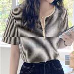 ヘンリーネック Tシャツ ボーダー柄半袖 ボーダー柄トップス 配色 サマーニット ニットソー 着やせ