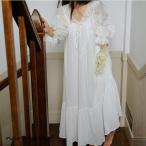 ロング丈 ネグリジェ 春秋冬 ワンピース パジャマ 長袖 綿 レース お姫様 ルームウェア ネグリジェドレス ゆったり 着心地良い 可愛い ナイトドレス 部屋着 寝巻