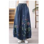 デニムパンツ ワイド  刺繍  ロング�