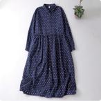 春秋ワンピース  シャツワンピース レディース ロングワンピ  ドット柄  カジュアルながらも愛らしいコーデに  ちょっとしたお出かけやデートにも
