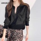 ショッピングスパンコール スパンコールオープンカラーニット スパンコール レディース カットソー Vネック Tシャツ トップス カジュアル  大人 お出かけ 普段着 可愛い ANGELOS