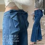 デニム デニムパンツ レディース リボン ストレート ワイド フレア ジーパン Gパン きれいめ かわいい 夏 春夏 オールシーズン S M Lサイズ