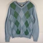 古着 ラコステ LACOSTE コットンニットセーター アーガイルチェック Vネック ワンポイントロゴワッペン 4  水色 メンズ