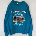 古着 USA製 スウェット トレーナー ラグラン 前面プリントデザイン ポルシェ クルーネック PORSCHE L  水色 メンズ