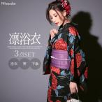 浴衣 レディース セパレート 3点セット レトロ 2019 夏祭り 花火 可愛い 二部式 黒地×薔薇 浴衣３点セット 浴衣+帯+下駄 Mサイズ Lサイズ