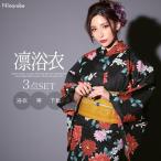 浴衣 レディース セパレート 3点セット レトロ 2019 夏祭り 花火 可愛い 二部式 黒地×菊桜 浴衣３点セット 浴衣+帯+下駄 Mサイズ Lサイズ