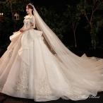 ウェディングドレス ロングドレス プリンセスラインドレス オフショルダー 二次会 結婚式 前撮り 花嫁 ウエディングドレス チュール トレーン ブライダル