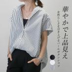 シャツ フレンチスリーブ 羽織り パール ハリ 抜き襟 無地 ストライプ 大人 30代 40代 レディース パールボタンバンドカラーフレンチシャツ メール便可/ma1.5