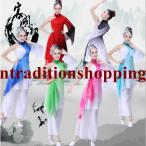 中華ダンス衣装 グラデーション 中国古典舞踊ダンス衣装3点セット シンプル肩 ワンショルダー ロングトップス ＋ガウチョパンツ インナーワンピース 袖フリル チ