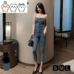 ★2COLOR★ベアトップ デニム ジャンプスーツ★ジャンプスーツ オーバーオール デニムジャンプスーツ つなぎ サロペットパンツ ボトムス ノースリーブ オールイ