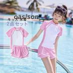 スクール水着 女の子 キッズ 水着 セパレート 短袖 トップス ショートパンツ 2点セット スポーツウエア シンプル ジュニア ラッシュガード 高校生