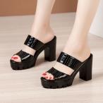 ミュール サンダル レディース 太めヒール 厚底 編みアッパー チャンキーヒール ミュール 歩きやすい 美脚ヒールサンダル おしゃれ 大人 靴