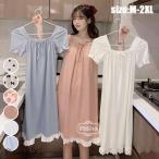 ネグリジェ ロング丈 パジャマ レディース 半袖 夏 ルームウェア ワンピース プリント レース パジャマ 大きいサイズ ナイトガウン 部屋着 ゆったり おしゃれ 可