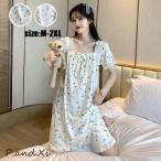 ネグリジェ ロング丈 パジャマ レディース 半袖 花柄 プリント 夏 ルームウェア ワンピース レース パジャマ 大きいサイズ ナイトガウン 部屋着 ゆったり おしゃ