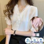 ブラウス 半袖 レディース シフォン ラッフルスリーブ レース tシャツ トップス ゆったり オフィス 通勤 涼しい 薄手 おしゃれ カジュアル