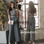 ノースリーブ レース切替 パンツドレス オールインワン レディース サロペット 夏 オーバーオール コンビネゾン ガウチョパンツ フレア ロング丈 上品エレガント