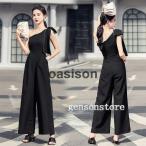 パンツドレス フォーマル 結婚式 パンツスーツ ワイド レディース ノースリーブ 斜め襟 リボン オールインワン サロペット ガウチョパンツ 無地 コンビネゾン
