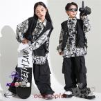 ショッピングダンス 衣装 ヒップホップ キッズ ダンス衣装 ヒップホップ 派手 葉し柄シャツ長袖 黒ベスト カーゴパンツ キッズ ガールズ 女の子 セットアップ 派手 k-pop 衣装 韓国 ステージ衣装 応援