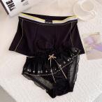 ショッピングペア カップル ペアショーツセット メンズ レディース カップル ペア 下着 2点セット ボクサーパンツ パンツ 恋人 ペアルック カップルック お揃い レース　黒