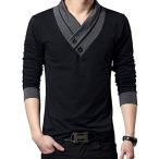 [ Make 2 Be ] スリム Vネック 長袖 半袖 Tシャツ カットソー ツートンカラー 綿100% スカーフ風 カジュアル シャツ MF01(