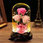 可愛い プリザーブドフラワー バラ ピンク ローズ 薔薇 花 ガラスドーム LEDライト付き 木製ベース ブリザードフラワー ロマンティック