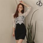 キャバドレス ミニ 袖あり 7分袖 タイトミニドレス レースワンピース春 キャバクラ 20代 30代 40代 50代 エレガント ブラック