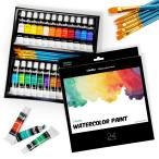 Ohuhu 水彩絵の具セット 24色 6本水彩筆 絵の具 絵具 水彩画セット画材 絵画 透明水彩 白 男の子 女の子 大人 初心者 藍色 12ml ペ