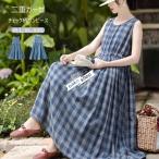 チェック柄 ワンピース 夏 ノースリーブ レディース 春夏 ロングワンピース チェック ウエスト紐 ノースリーブワンピース ダブルガーゼ マキシ丈ワンピ 綿 コッ