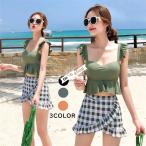  женский раздельный купальный костюм бикини купальный костюм ученик старшей школы бюстье купальный костюм Корея body type покрытие ... оборка юбка в клетку надеты .. маленький . танкини купальный костюм выставить чёрный /