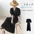 ワンピース 半袖 レディース 花柄 ワンピース Vネック 小顔 パフスリーブ 夏 レトロ 半袖ワンピース ロングワンピ マキシ丈 ハイウエスト