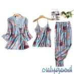 パジャマ レディース 春夏秋 長袖 ルームウェア 3点セット ナイトガウン キャミソール ロングパンツ 花柄 寝巻き 部屋着 快適 体型カバー 大きいサイズ 可愛い