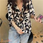 ショッピングアロハシャツ アロハシャツ レディース ハワイシャツ シャツ ブラウス 日焼け止め服 Vネック 半袖 ゆったり パイナップル柄 トロピカル 夏 海辺 ビーチ 原宿系