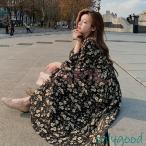 ワンピース レディース 40代 春秋 キレイめマキシ丈ワンピース 長袖 花柄シフォンワンピース パフスリーブ vネック Aライン オシャレ 通勤 結婚式ドレス 着痩せ
