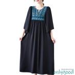 大きいサイズ レディース エスニックワンピース オーバーサイズ 刺繍 七分袖 夏 LL 3L 4L 5L 6L ブラック ホワイト ブルー ベージュ 新