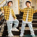 ダメージ加工 デニムパンツ キッズ ダンス衣装 ヒップホップ セットアップ 子供 ダンスシャツ チェック柄 ジーンズ 男の子 女の子 ジャズダンス 練習着