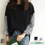 ブラウス Tシャツ レディース 長袖 シャツ トップス 異素材 切り替え 無地 ストライプ サイドスリット ゆったり 通学通勤 カットソー 長袖ブラウス 春服 夏秋物