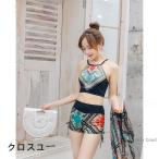 水着 レディース 体型カバー 40代 30代 20代 3点セット 上下 ママ水着 花柄 ビキニ ショートパンツ 着痩せ  可愛い 温泉 海水浴 水泳