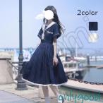 ワンピース チュニック ひざ丈 半袖 レトロ レトロ感 セーラー服風 森ガール セーラー服 女子高生 制服 セーラー襟付ワンピース 春 秋 マリン風 ひざ上丈