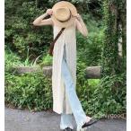 ワンピース メッシュ サマーニット チュニック レディース 透かし編み レイヤード ロングベスト レース ロング丈 ノースリーブ サイドスリット 重ね着