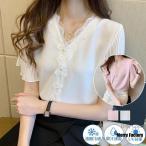 ブラウス 半袖 レディース シフォン ラッフルスリーブ レース tシャツ トップス ゆったり オフィス 通勤 涼しい 薄手 おしゃれ カジュアル