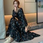 ロングワンピース 春秋シフォン レディース ワンピース花柄 黒着痩せ ロング丈 きれいめ フレア 上品 大人 通勤 OL 二次会 エレガント コーデ 30代 40代