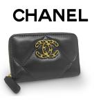 【未使用 超美品】 シャネル CHANEL19 ファスナーコインケース 小銭入れ 財布 カードケース ラムスキン レザー ブラック ゴールド シール有