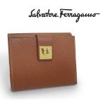 【超美品 ほぼ未使用】 フェラガモ Ferragamo ガンチーニ 二つ折り財布 コンパクトウォレット レザー 本革 ブラウン ゴールド レディース