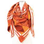 ショッピングHERMES 【美品】HERMES エルメス カレジェアン140 PATCHWORK HORSE パッチワーク・ホース ロゴ カシミア シルク 大判 箱付属 スカーフ 橙色 仏製