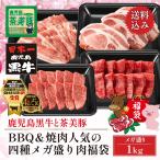 鹿児島黒牛と茶美豚 BBQ&焼肉人気の四種メガ盛り肉福袋 カルビ 赤身 各200g ロースとんかつ用 バラ焼肉用 各300g 計1kg 約4〜5人前 トレー仕様 お取り寄せ