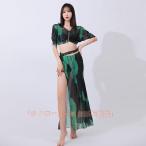 ベリーダンス 衣装 セット レッスン着 スパンコール ピークル ロング丈 メッシュ プリント スリット オーバー スカート レディース 演出服