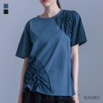 カットソー レディース トップス 半袖 Tシャツ クルーネック シャーリング 異素材 綿 コットン 二の腕カバー 50代 春 夏「メール便可」「10」