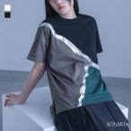 カットソー レディース トップス Tシャツ 半袖 クルーネック 配色 切り替え 箔 ライン プリント 3色 個性的 モード モダン 夏「メール便可」「10」
