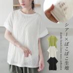 カットソー レディース トップス 半袖 フレンチスリーブ Tシャツ シアー 透け感 ウェーブ クルーネック 二の腕カバー ゆったり 春 夏「メール便不可」「20」
